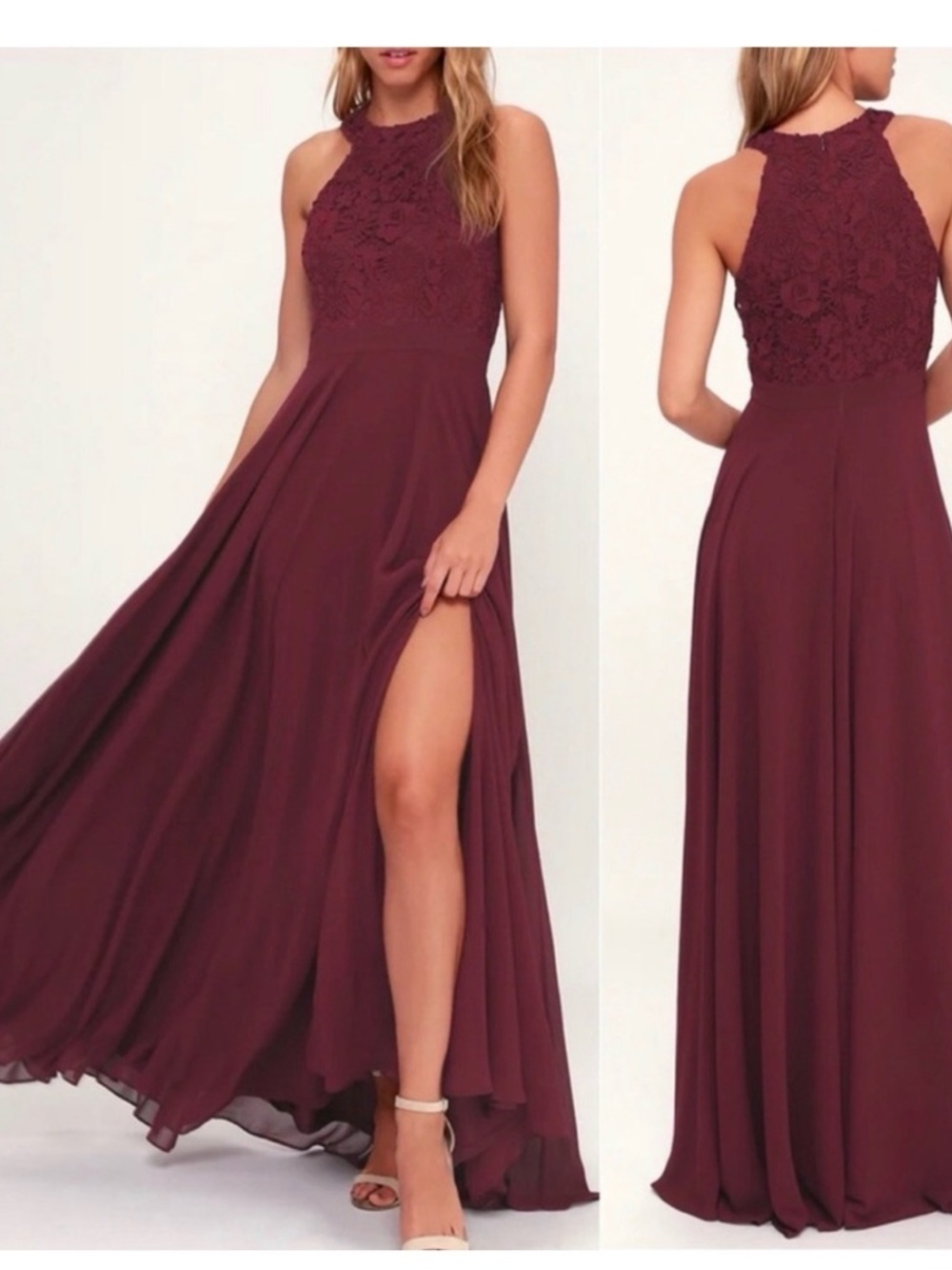 New Lulus Burgundy Lace Halter Evening Dress